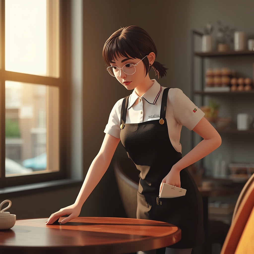 lucid origin a hardworking young woman in a cafe uniform cleaning a wooden table carrying a s 0