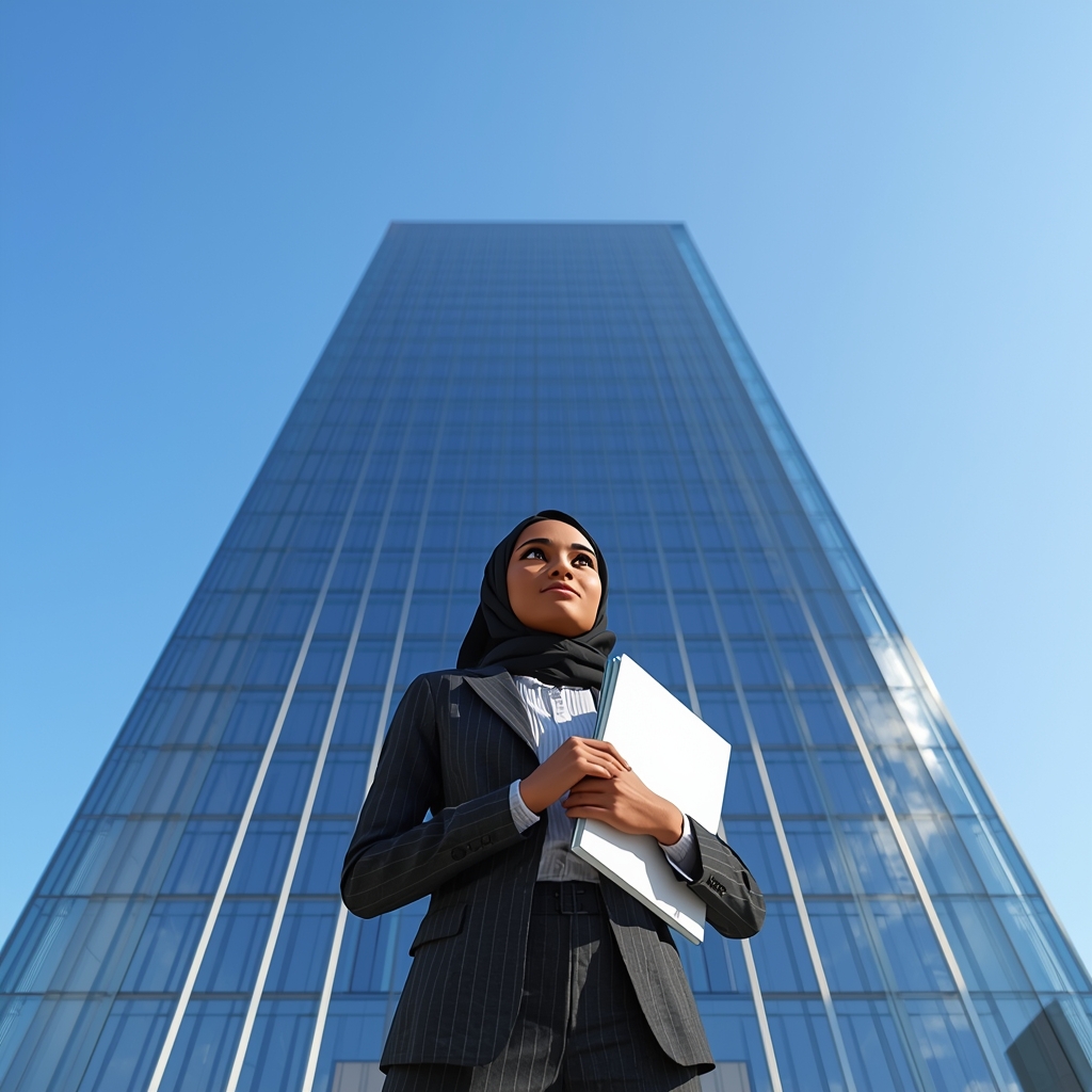 lucid origin a young somali woman maryam standing confidently in front of a giant modern glas 0