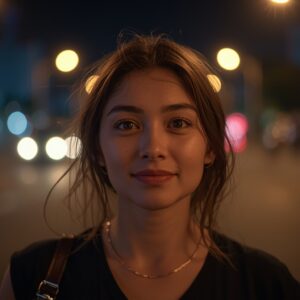 lucid origin a young woman with a hopeful expression standing in a brightly lit street of doh 0