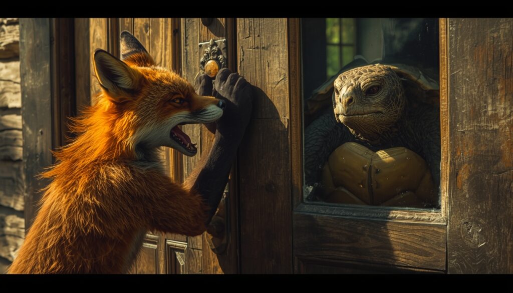 lucid origin a cinematic photo of a frustrated and angry fox vigorously knocking on a heavy w 0