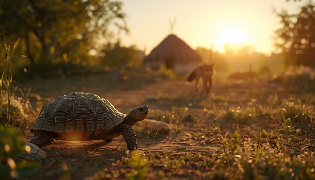lucid origin a cinematic photo of a peaceful scene where a wise tortoise is smiling and walki 0