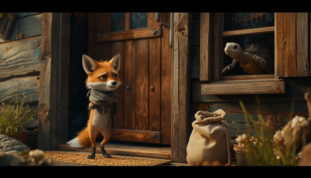lucid origin a cinematic photo of a skinny sad looking fox with a tattered scarf standing in 0